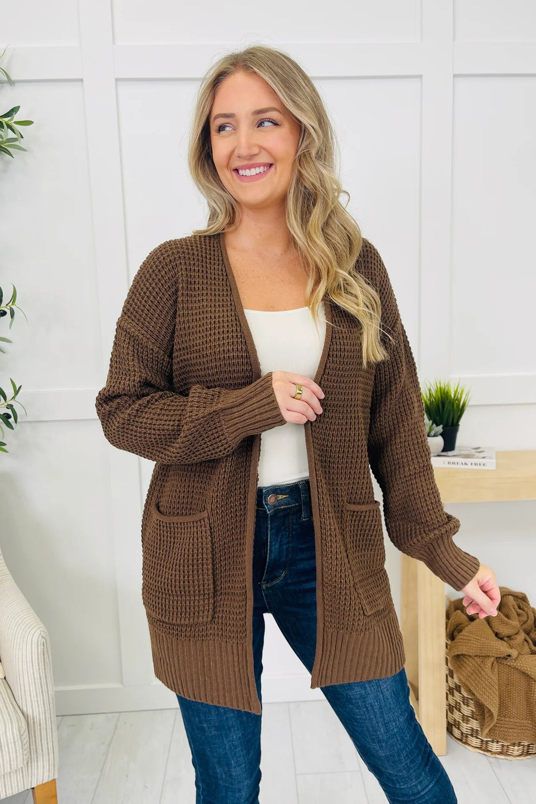 Zen Waffle Knit Cardigan (Brown)
