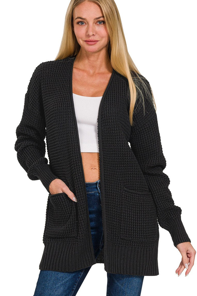 Zen Waffle Knit Cardigan (Black)