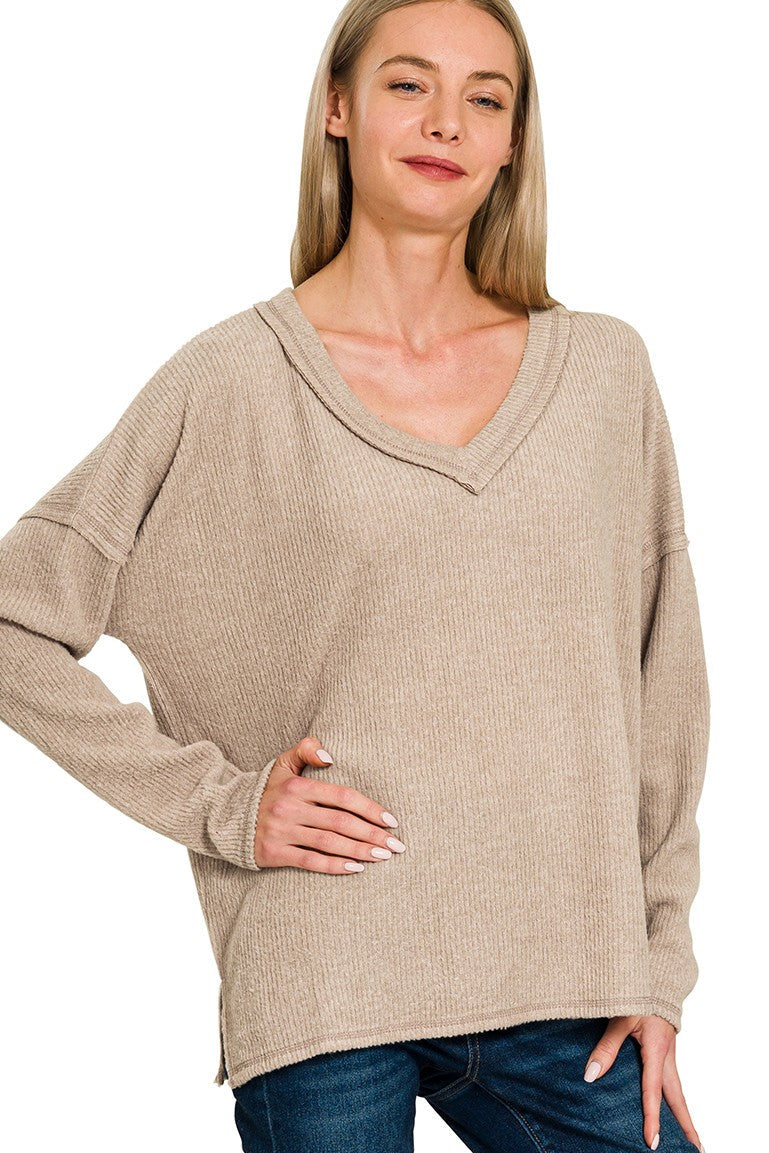 Zen Brushed V Neck Sweater (Ash Mocha)