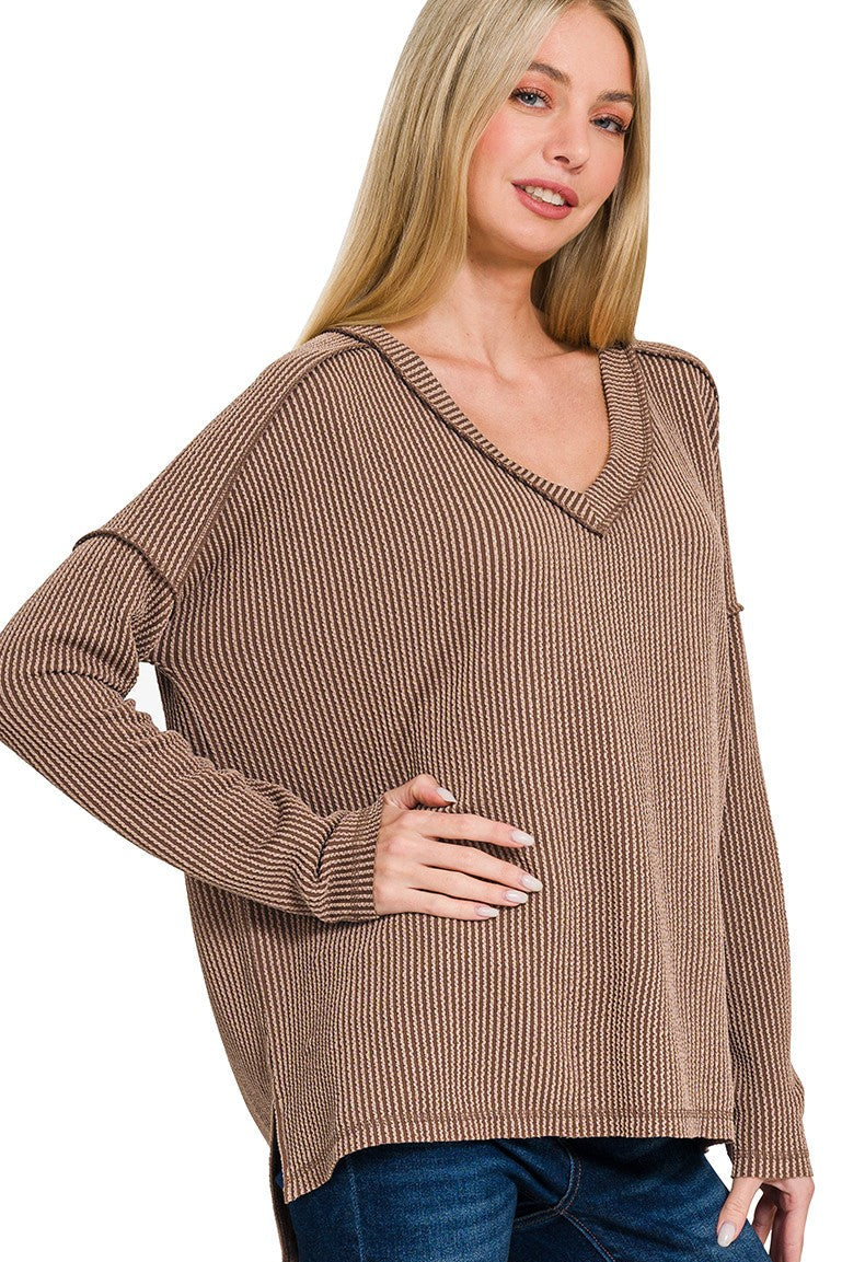 Zen Ribbed Long Sleeve Top (Brown)