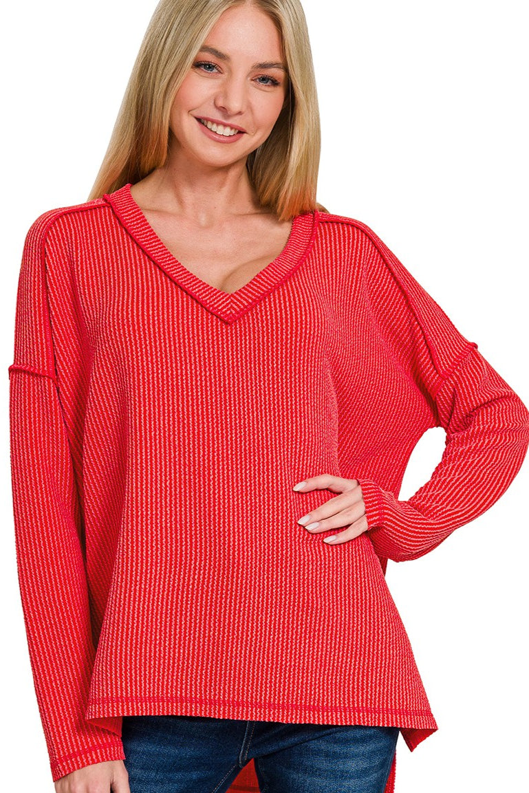 Zen Ribbed Long Sleeve Top (Ruby)
