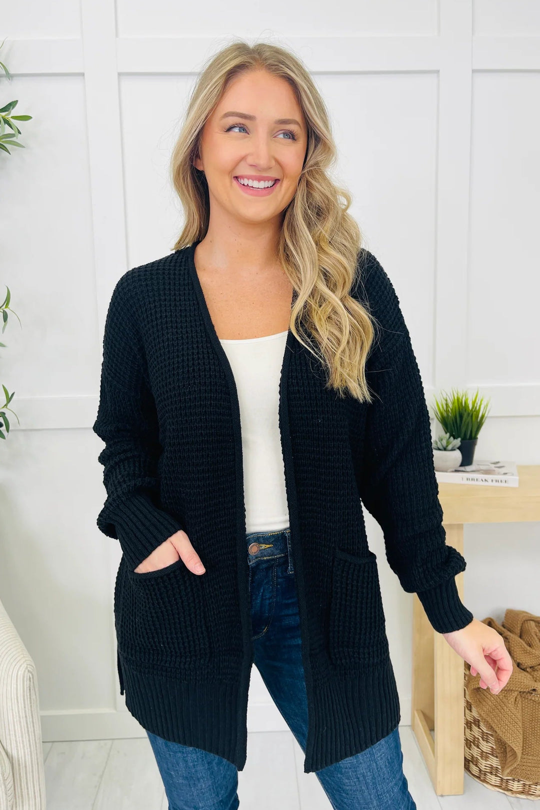 Zen Waffle Knit Cardigan (Black)