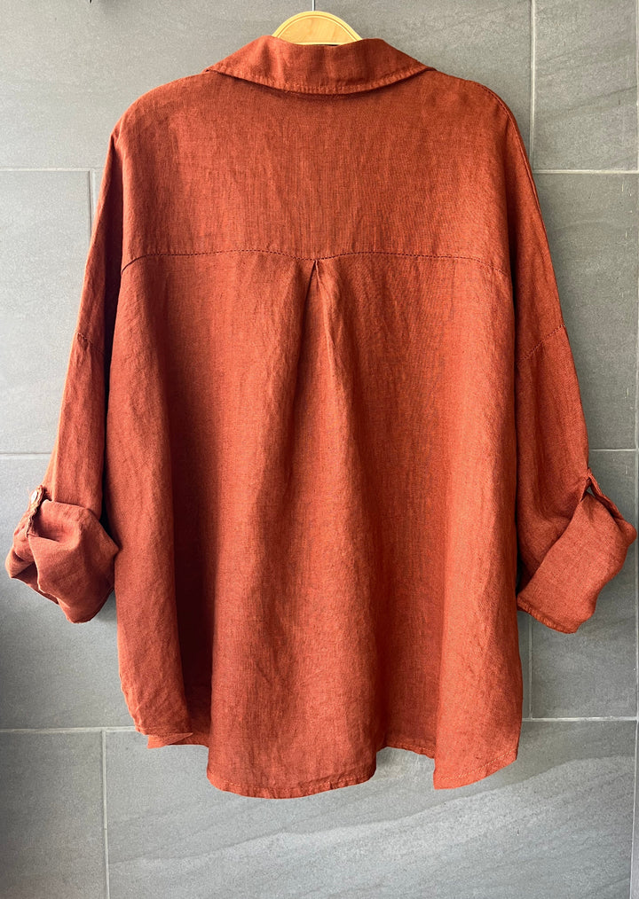 Meo Linen Rome Button Down Shirt (Rust)
