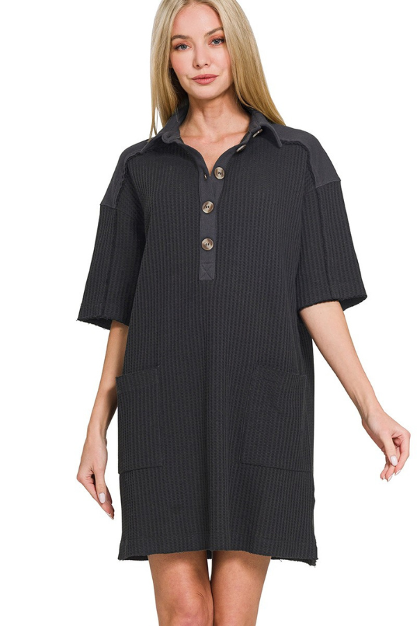 Zen Waffle Button Dress (Black)