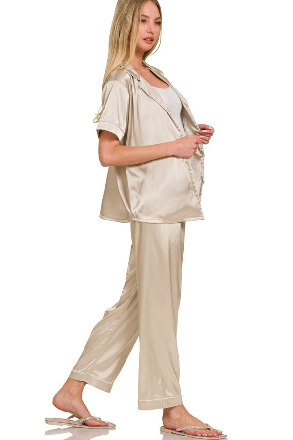 Zen 2 Piece Satin Lounge Set Sand Beige Vibe Apparel