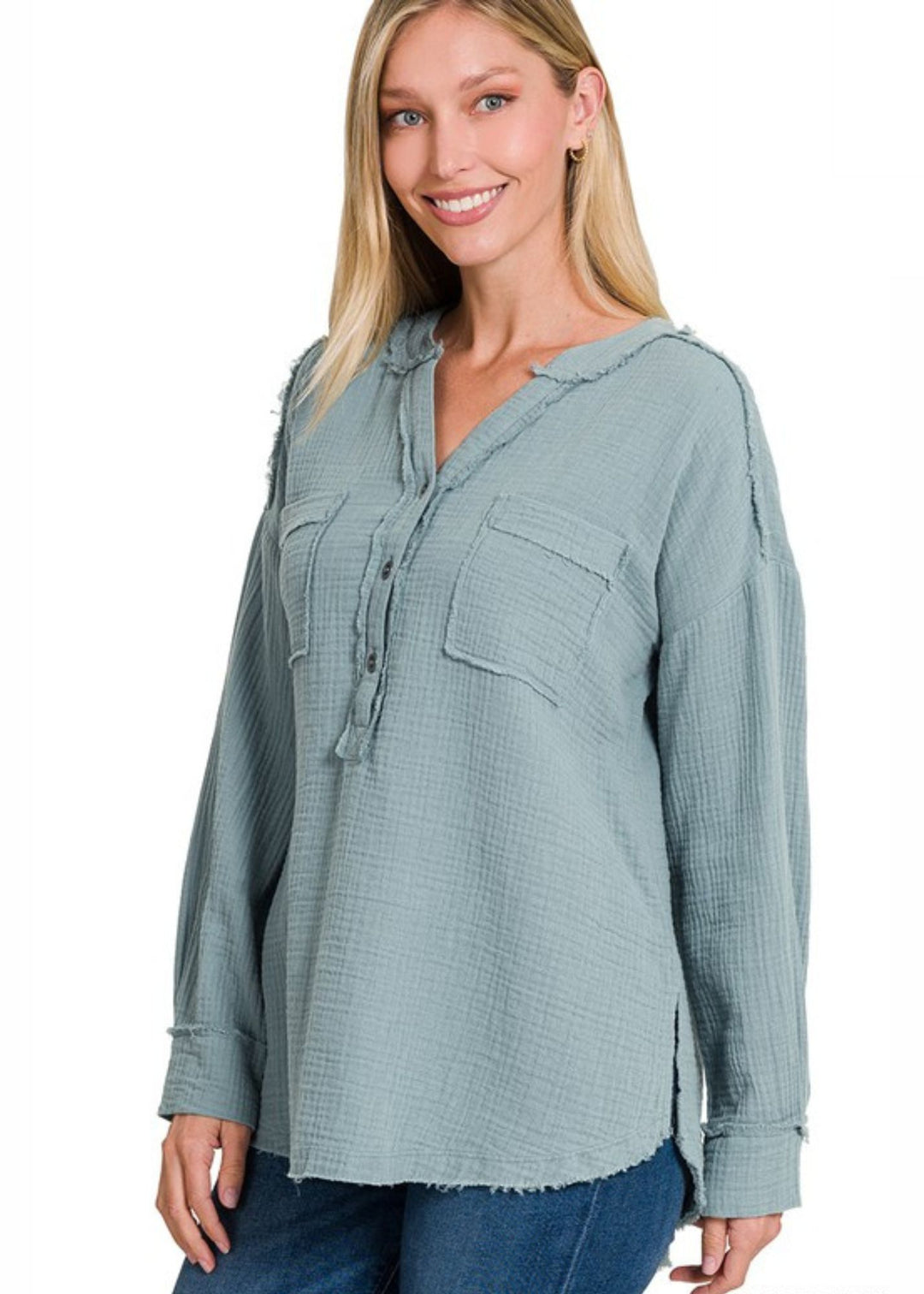 Zen Cotton Henley Top (Blue Grey)