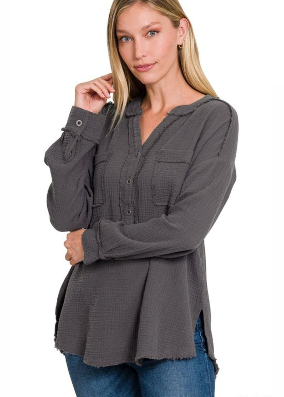 Zen Cotton Henley Top (Ash Grey)