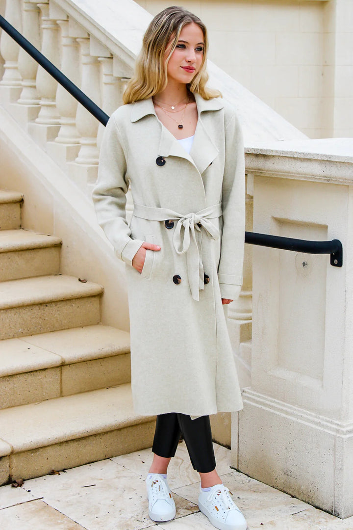 Jolie Cashmere Knit Trench Coat (Oatmeal)