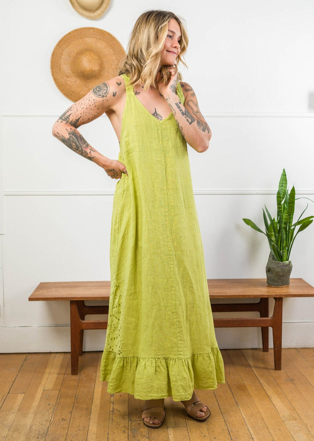 Meo Linen Crochet Maxi Dress (Avocado)