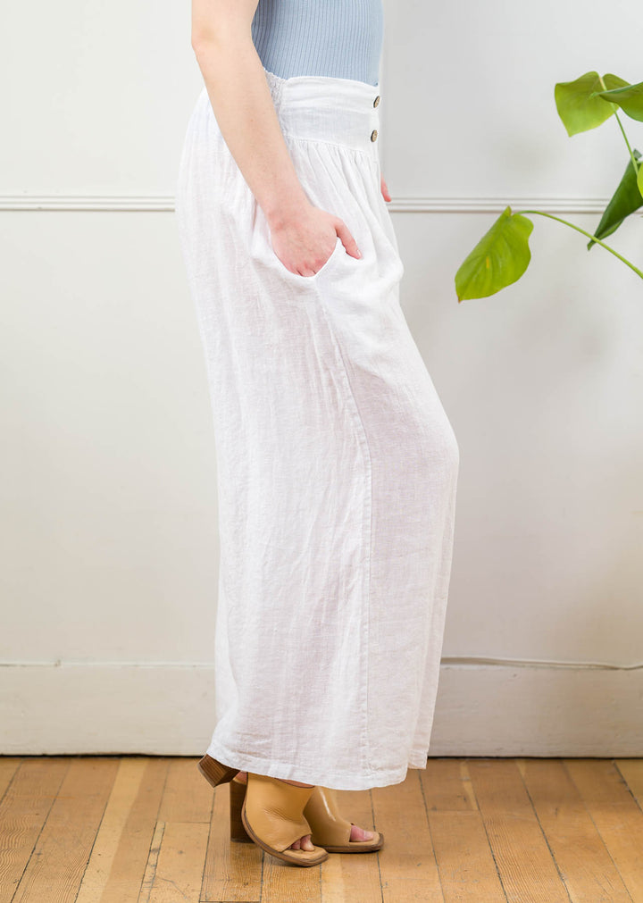 Meo Linen Flowy Leg Button Pants (White)