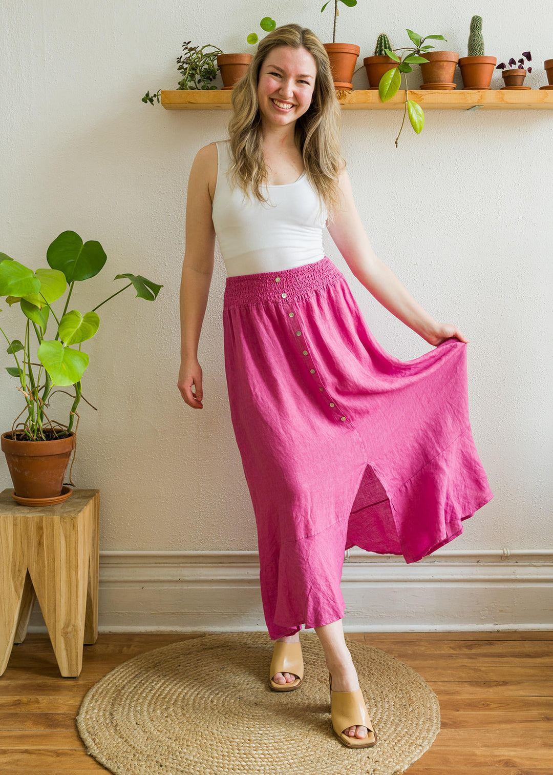Meo Linen Button Midi Skirt (Pink)