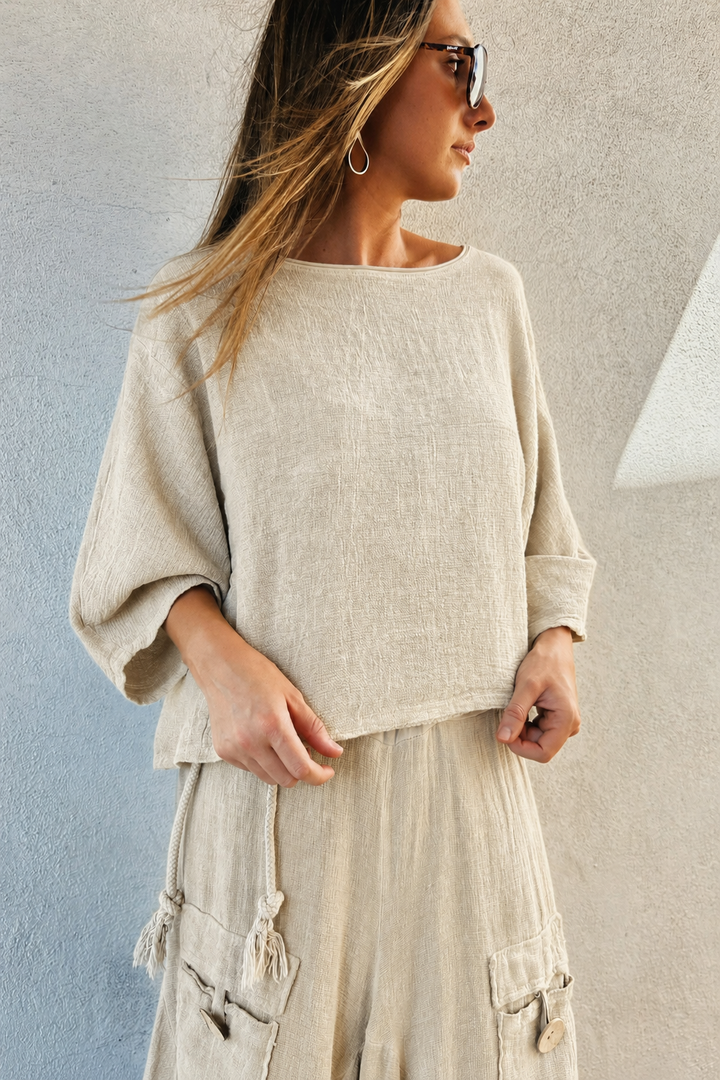Meo Linen Boxy Dolman Tee (Beige)