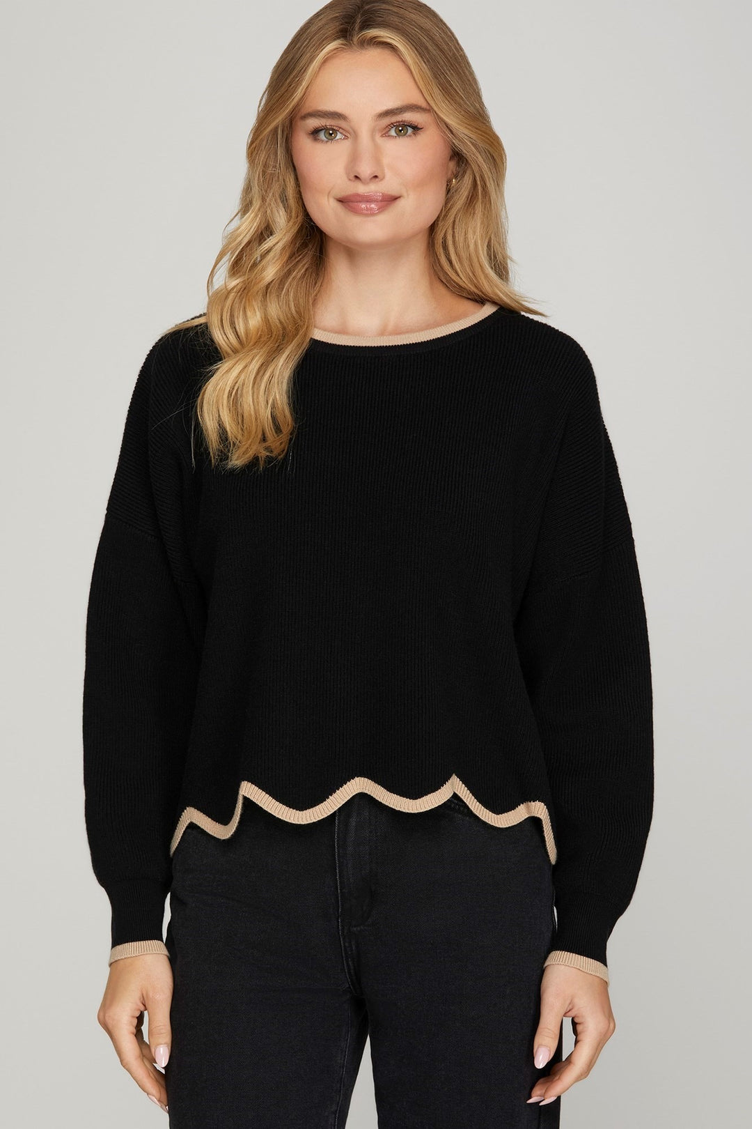She + Sky Scalloped Knit Sweater (Black/Mocha)