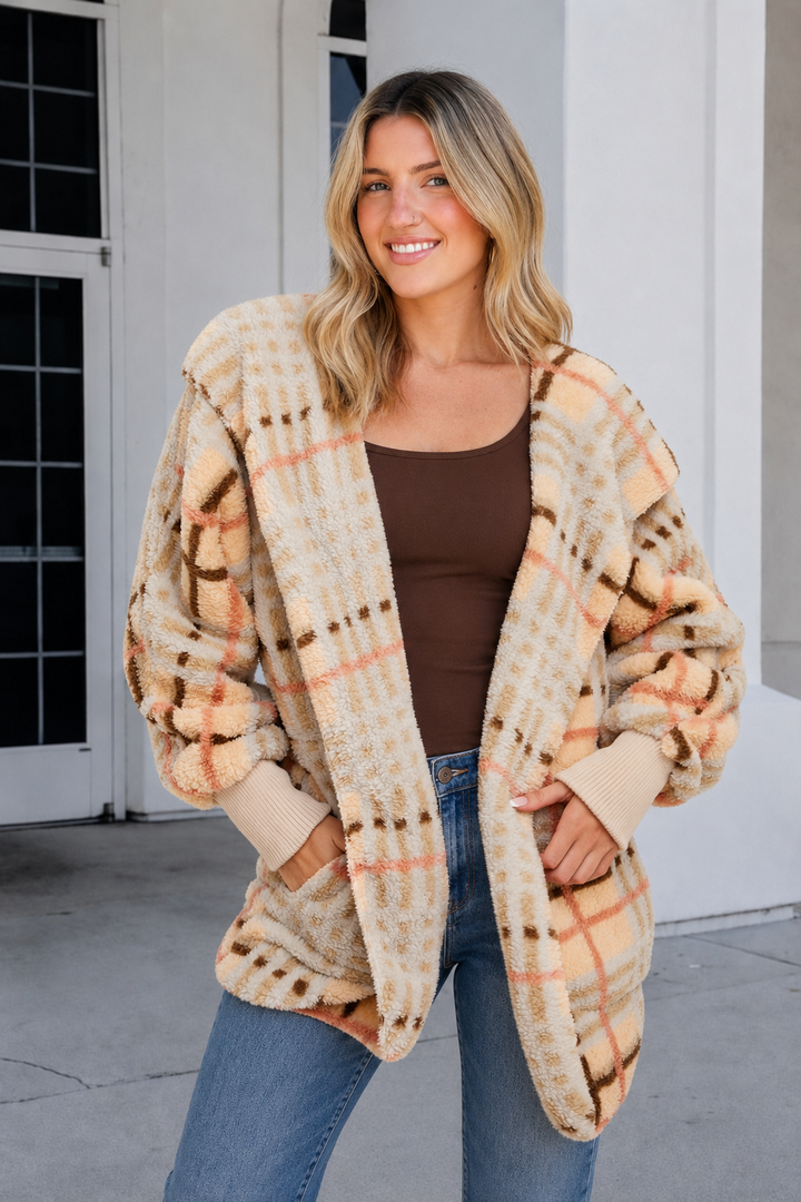 Teddy Bear Plush Cardigan (Autumn Plaid)