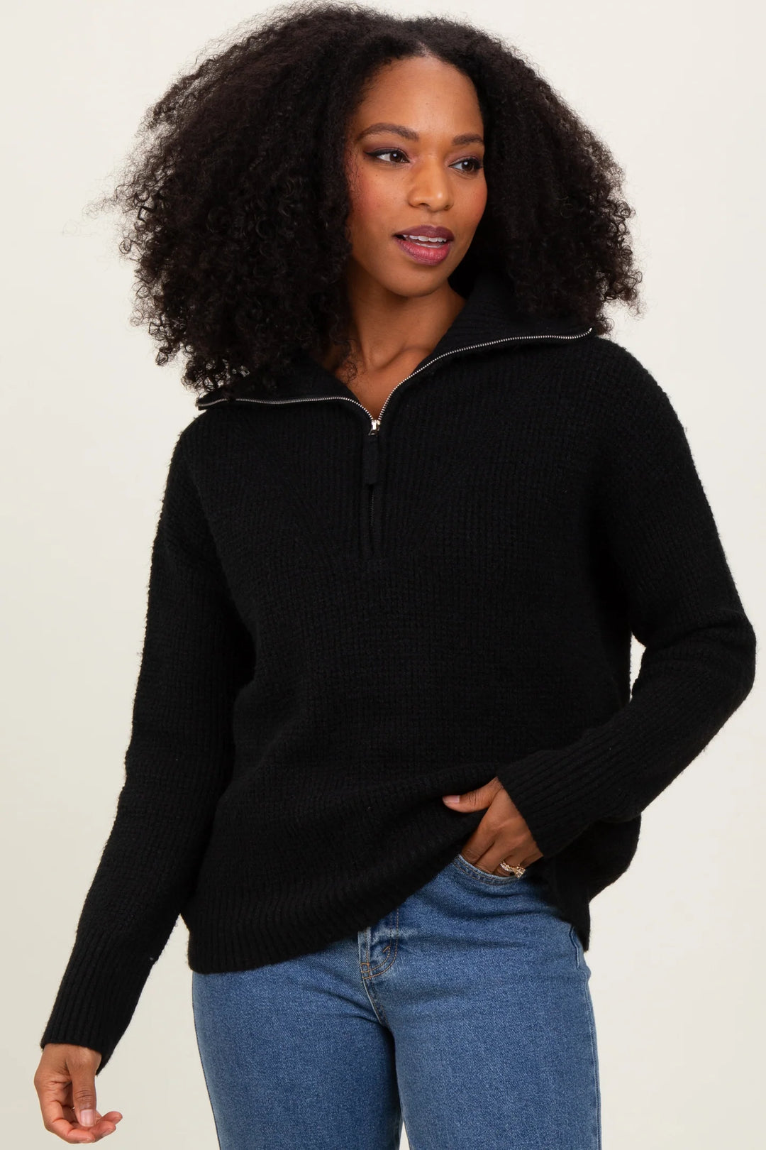 Zen Oxford Knit Zip Sweater (Black)