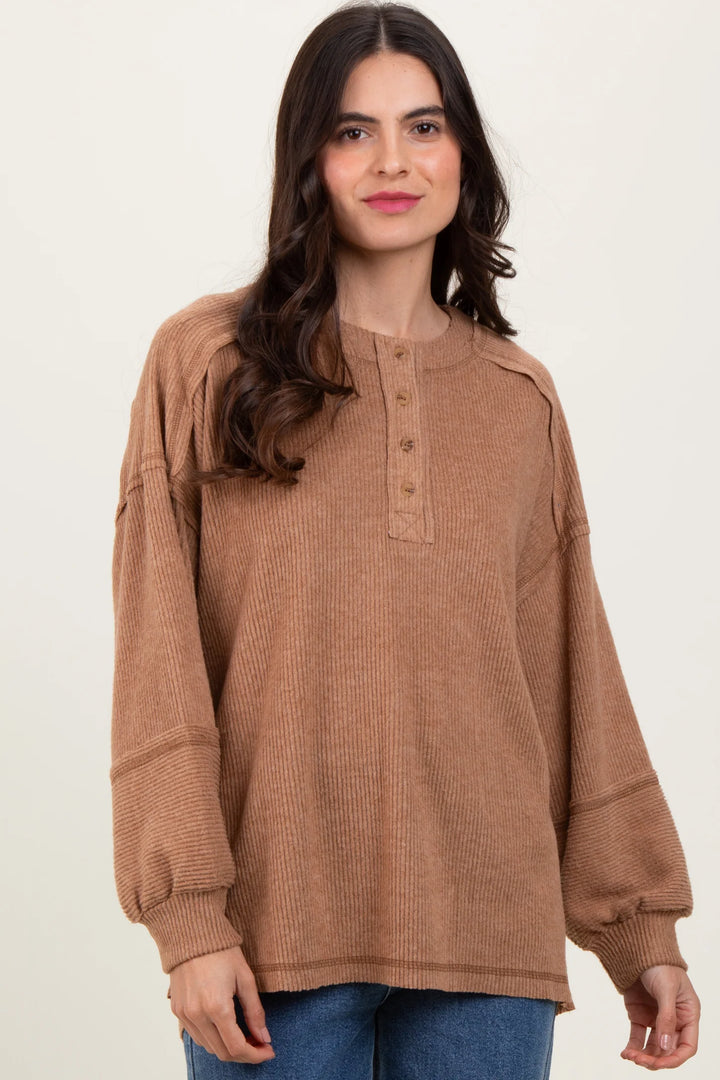 Zen Brushed Henley Sweater (Deep Camel)