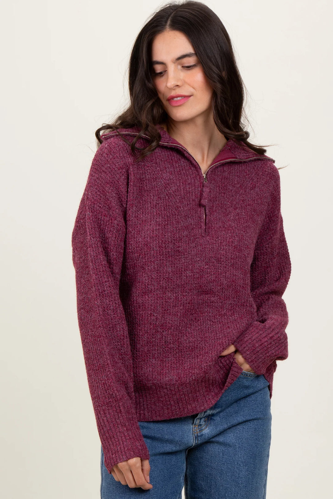 Zen Oxford Knit Zip Sweater (Cabernet)