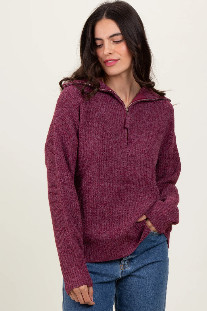 Zen Oxford Knit Zip Sweater (Cabernet)