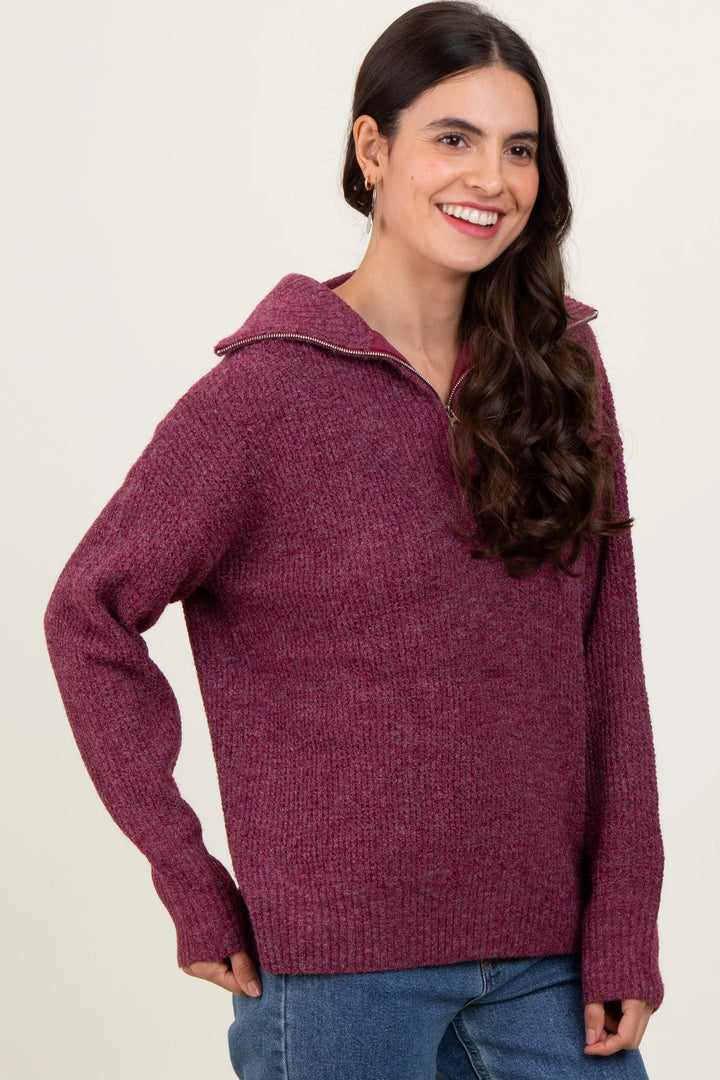 Zen Oxford Knit Zip Sweater (Cabernet)