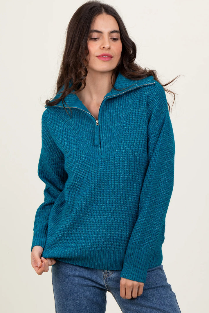 Zen Oxford Knit Zip Sweater (Teal)