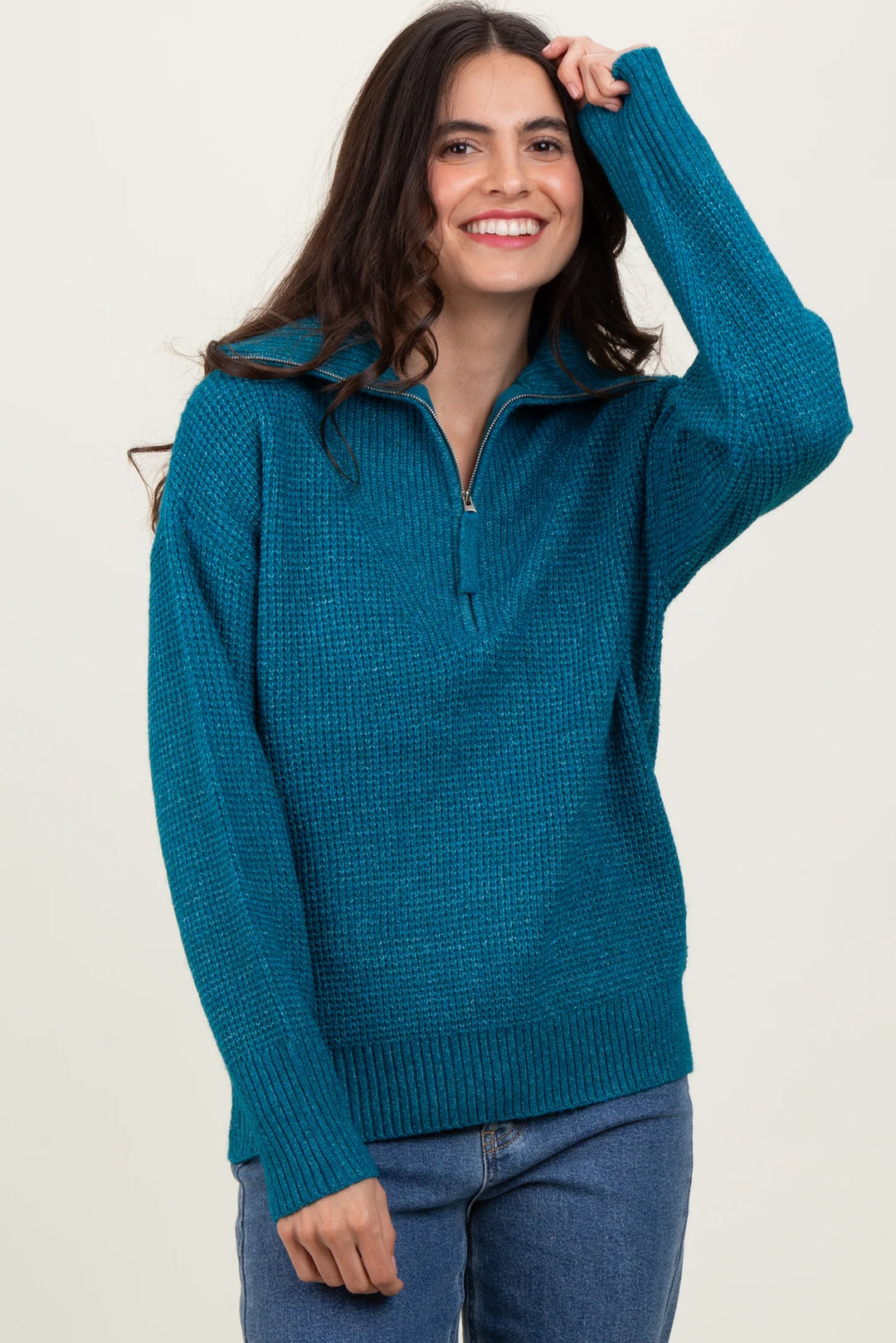 Zen Oxford Knit Zip Sweater (Teal)