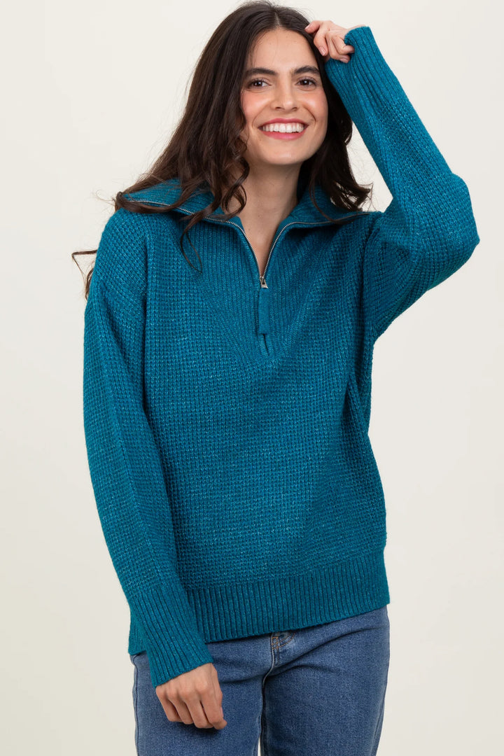 Zen Oxford Knit Zip Sweater (Teal)