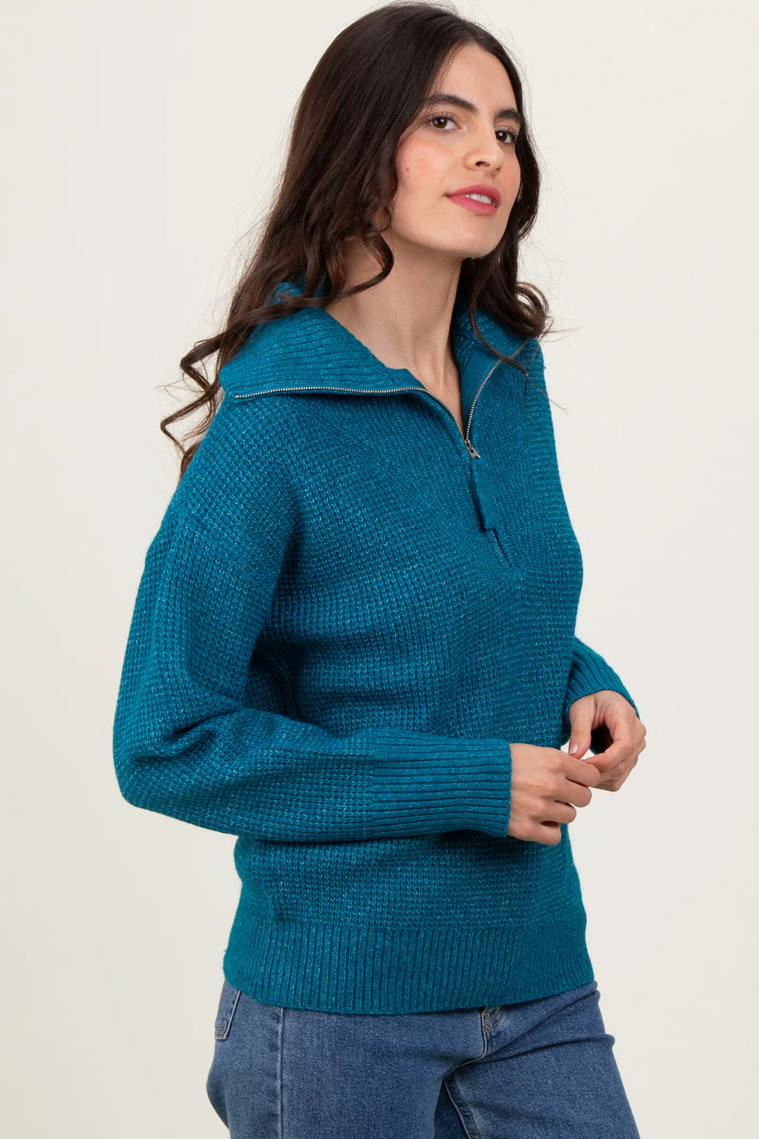 Zen Oxford Knit Zip Sweater (Teal)