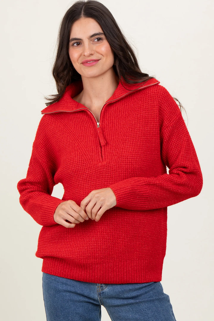 Zen Oxford Knit Zip Sweater (Ruby)