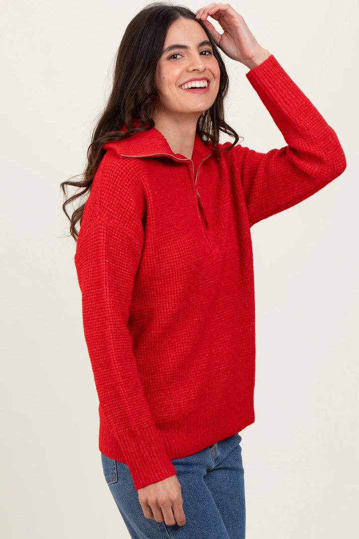 Zen Oxford Knit Zip Sweater (Ruby)