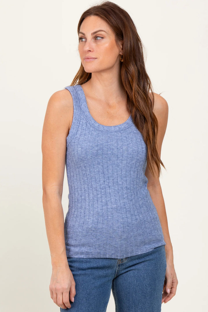 Zen Ribbed Scoop Neck Tank (Light Navy)
