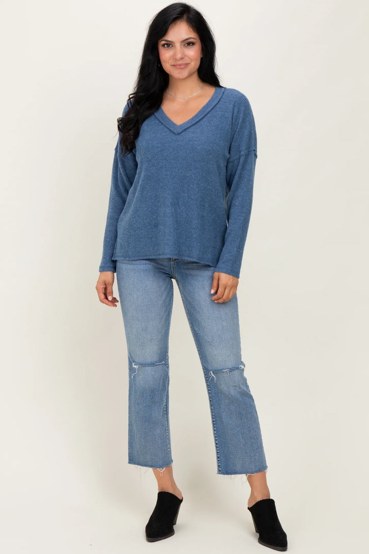 Zen Brushed V Neck Sweater (Dusty Blue)