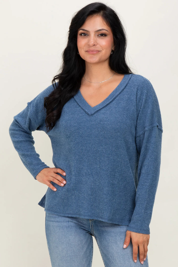 Zen Brushed V Neck Sweater (Dusty Blue)