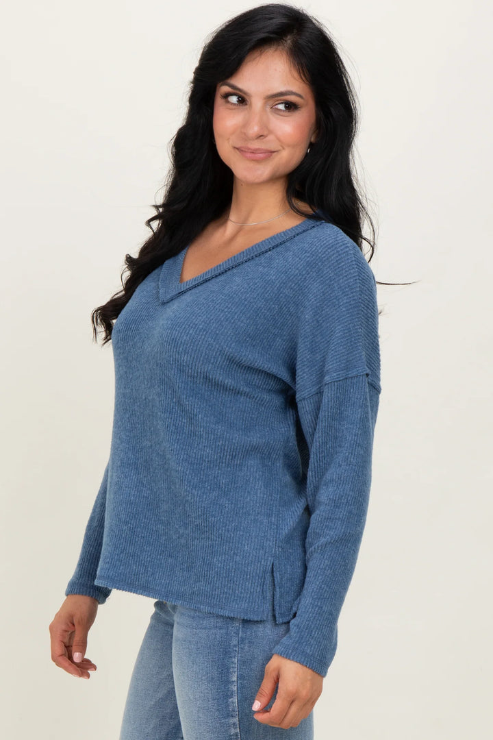 Zen Brushed V Neck Sweater (Dusty Blue)