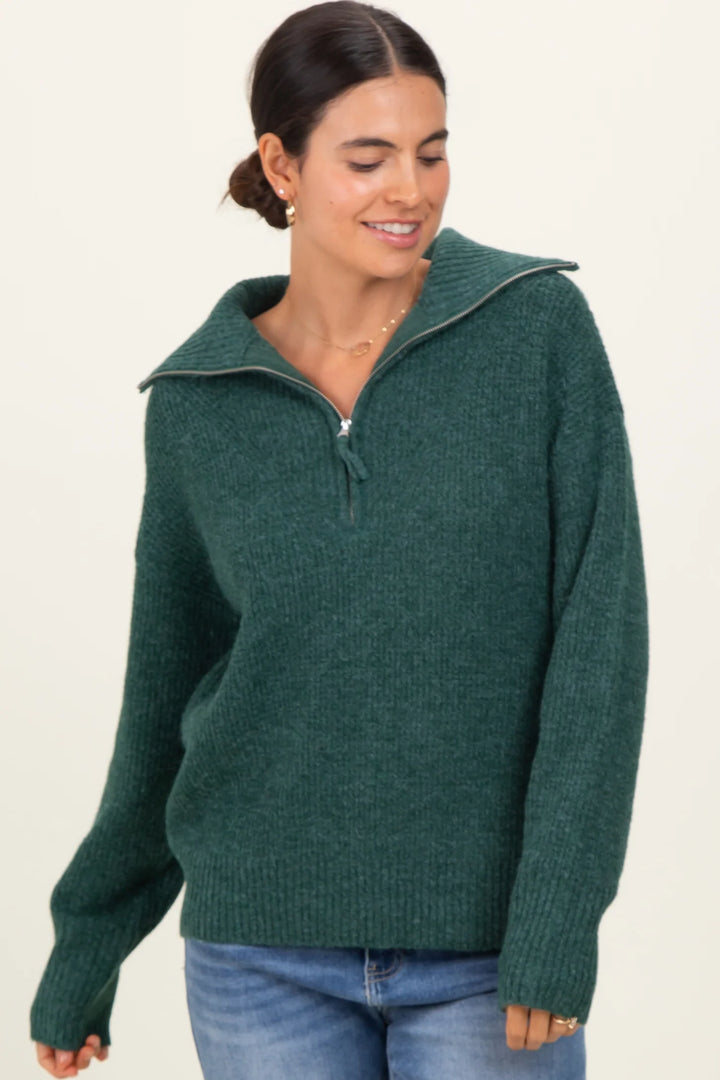 Zen Oxford Knit Zip Sweater (Hunter Green)