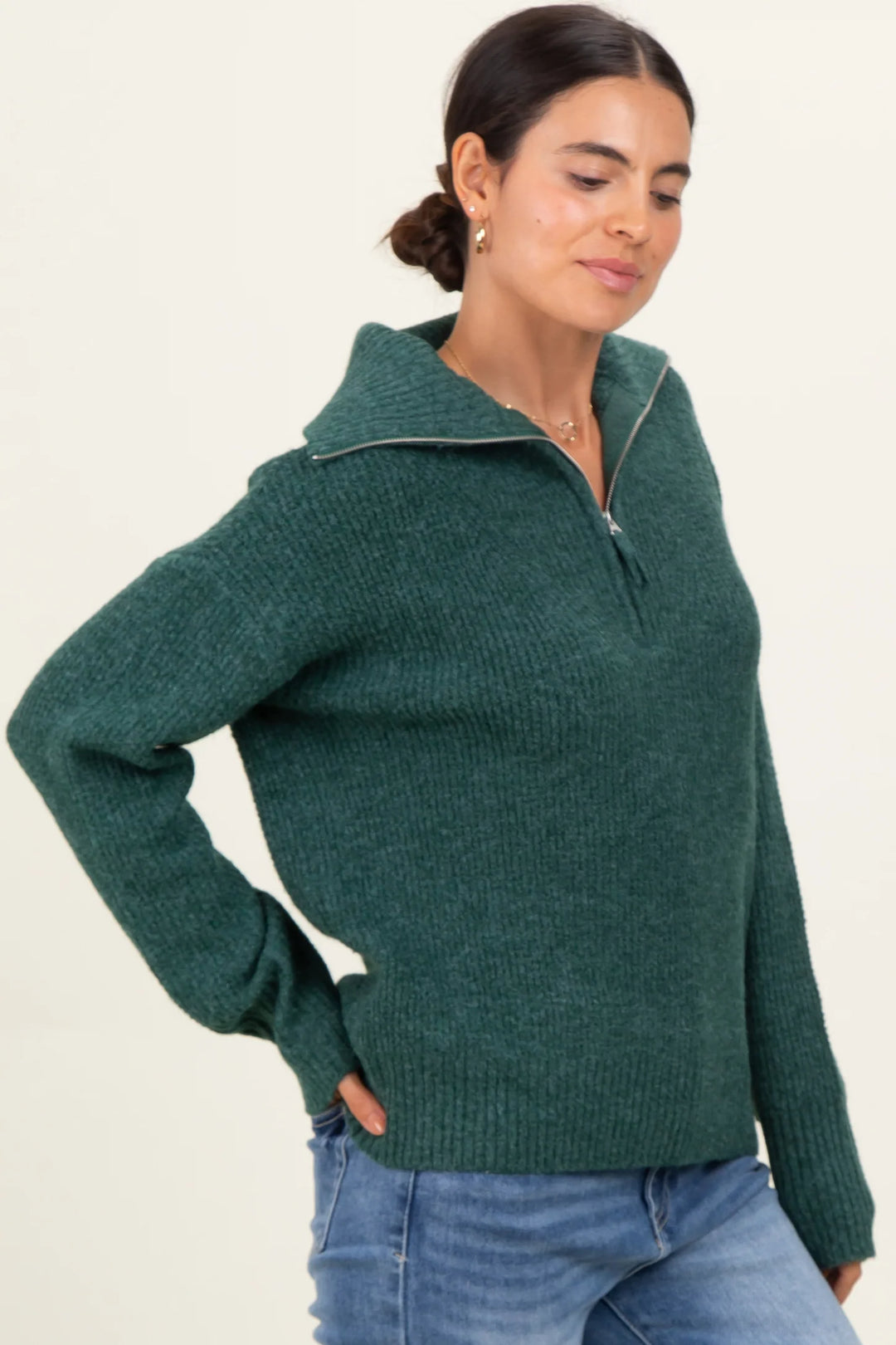 Zen Oxford Knit Zip Sweater (Hunter Green)