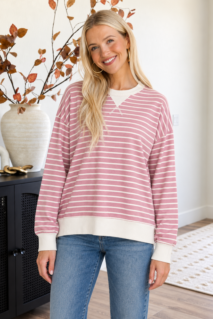 Zen Striped Crewneck (Light Rose)