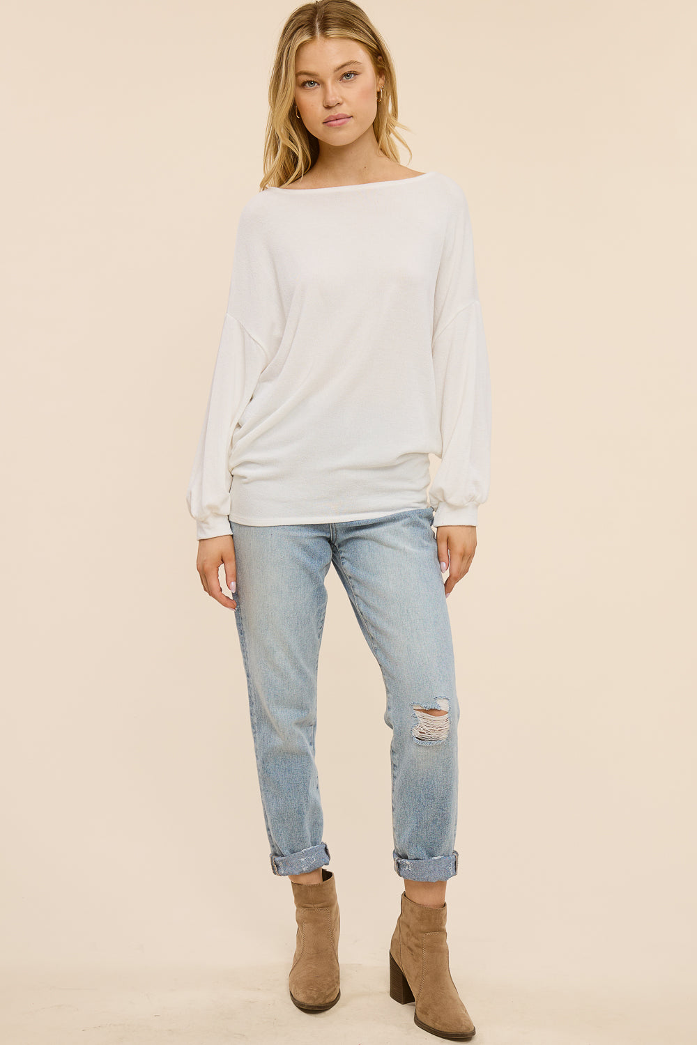 Jolie Relaxed Boatneck Slouch Top (White)