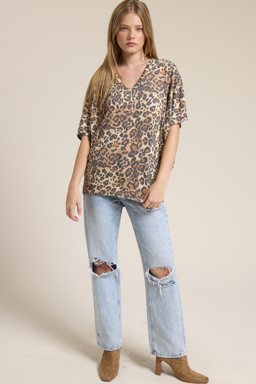 Jolie Slouchy Dolman Tee (Camel Leopard)