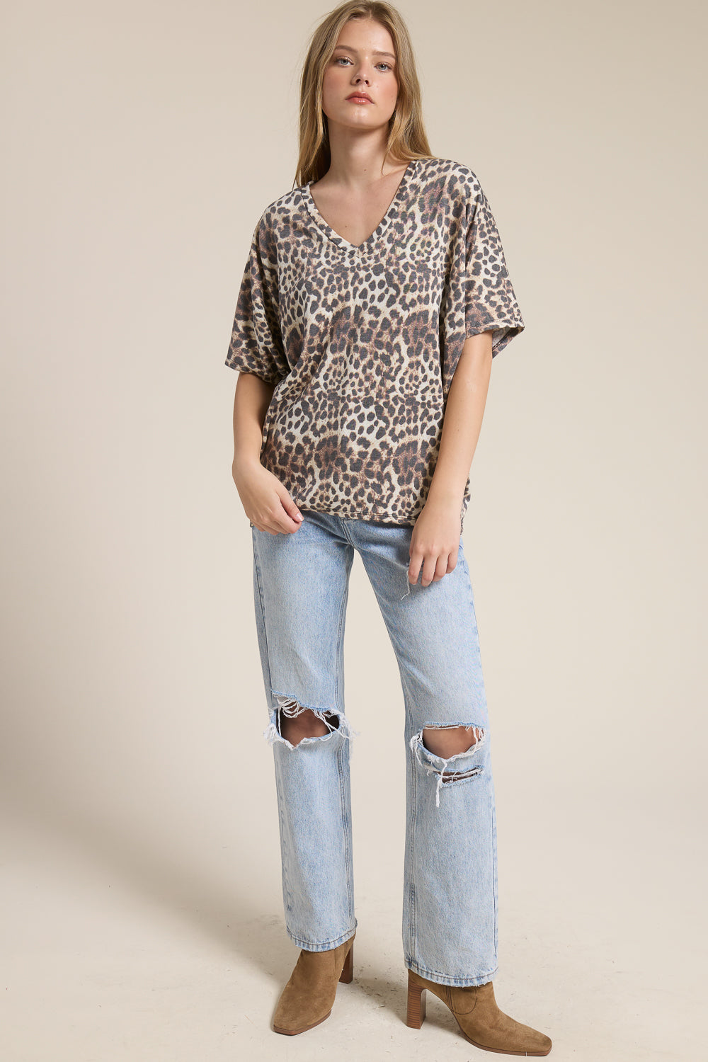 Jolie Slouchy Dolman Tee (Taupe Leopard)