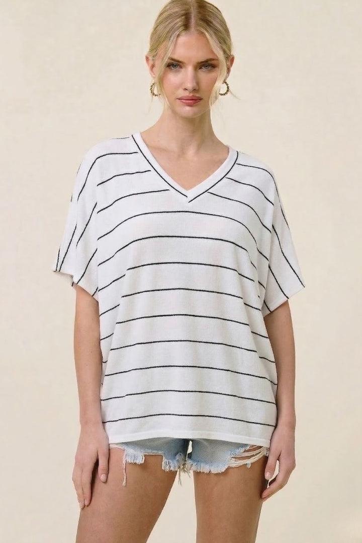 Jolie Slouchy Dolman Tee (Off White Stripe)