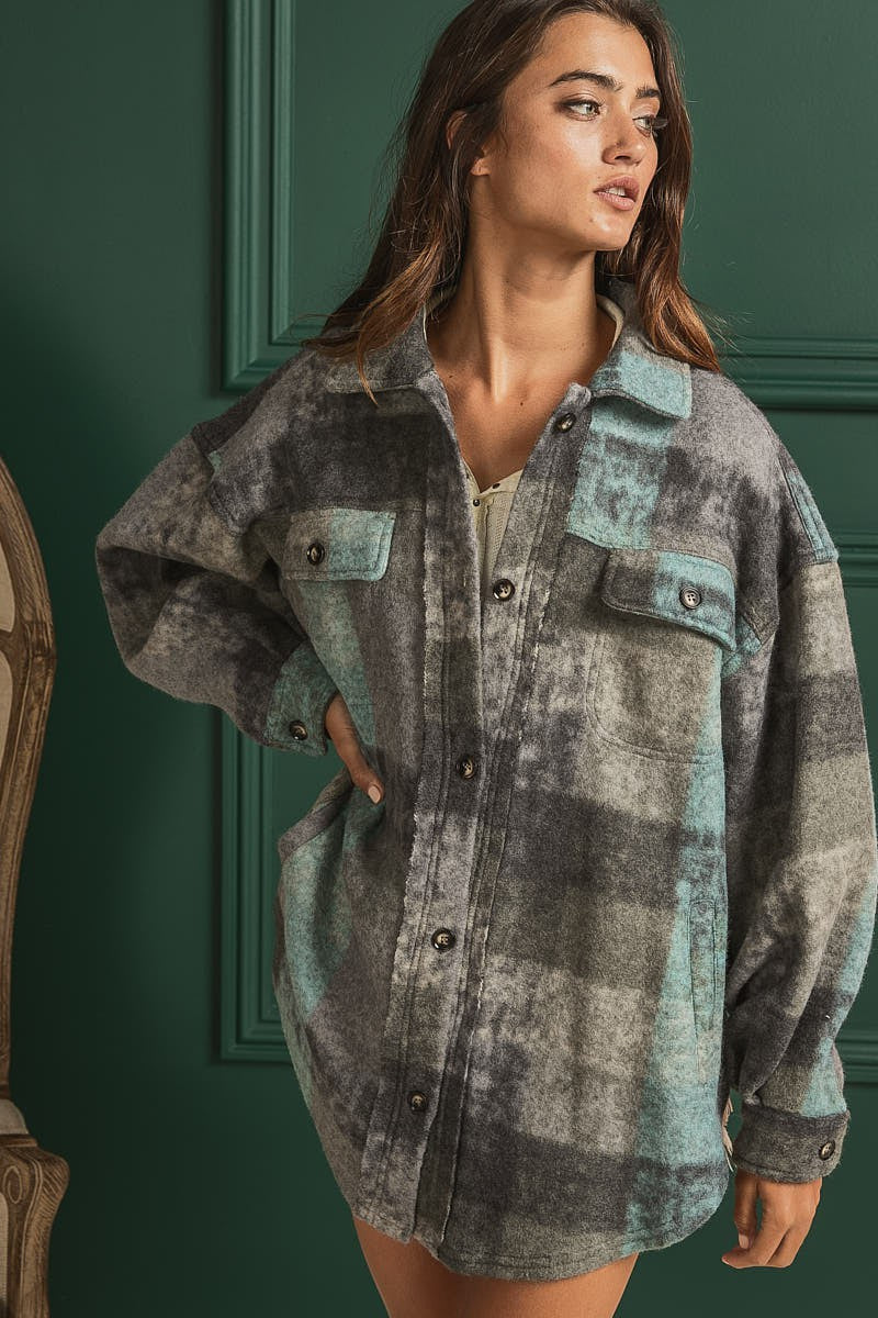 Bibi Plaid Sweater Shacket (Grey Multi)