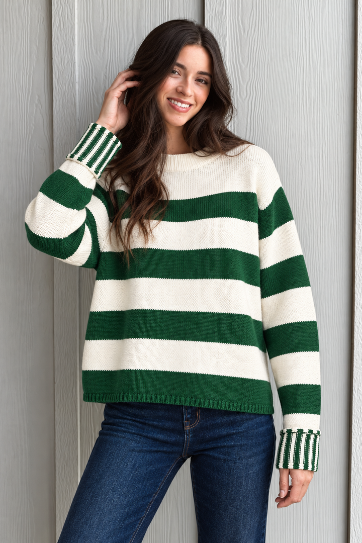 Zen Striped Cotton Sweater (Dark Green)