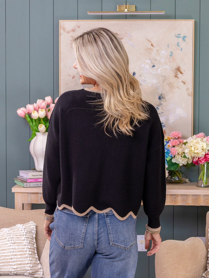 She + Sky Scalloped Knit Sweater (Black/Mocha)