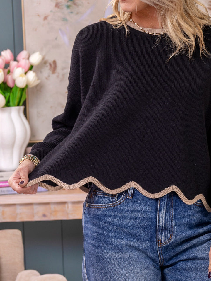 She + Sky Scalloped Knit Sweater (Black/Mocha)