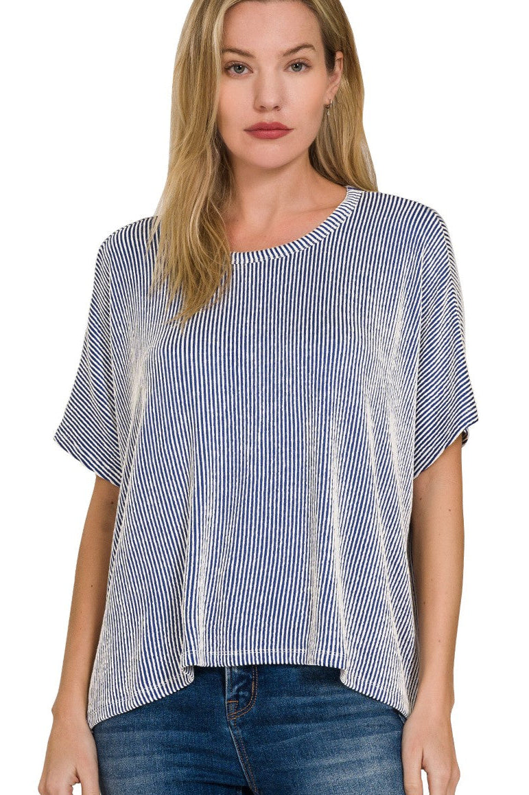 Zen Rib Striped Oversized Tee (Light Navy)