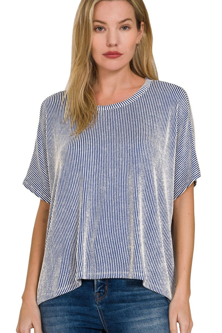 Zen Rib Striped Oversized Tee (Light Navy)