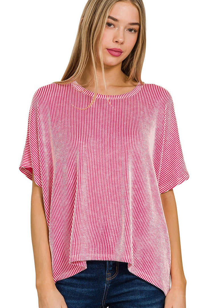 Zen Rib Striped Oversized Tee (Hot Pink)