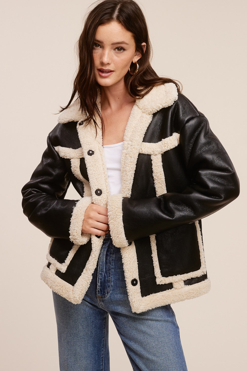 Jolie Vegan Leather Shearling Jacket (Black)