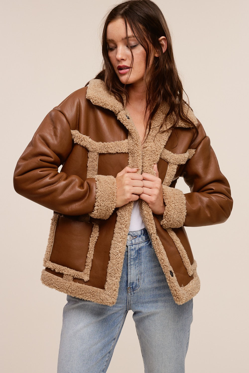 Jolie Vegan Leather Shearling Jacket (Camel)