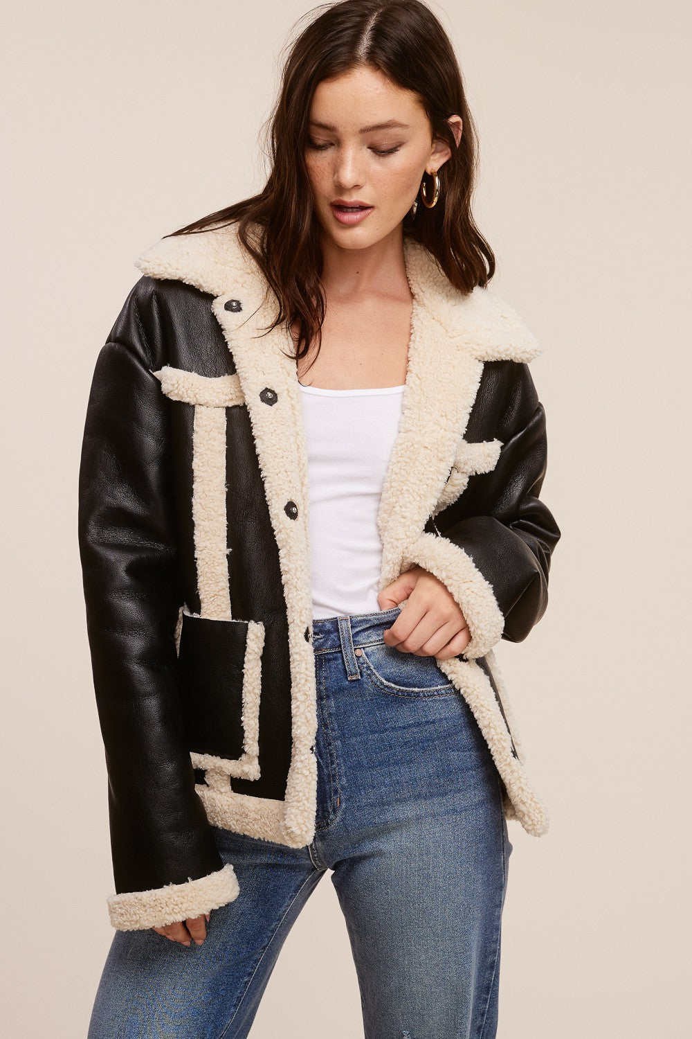 Jolie Vegan Leather Shearling Jacket (Black)